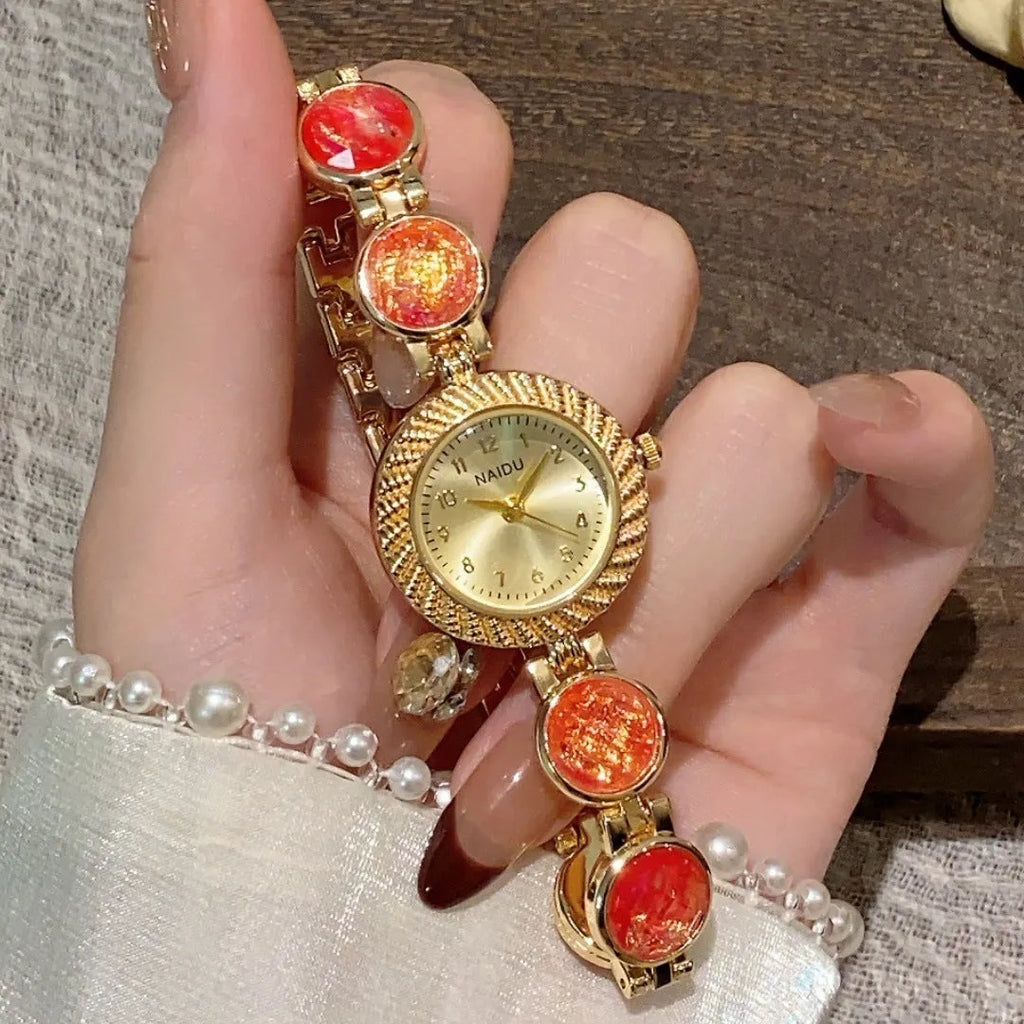 Women's quartz watch with 25mm round dial in six colour options showing zinc alloy case