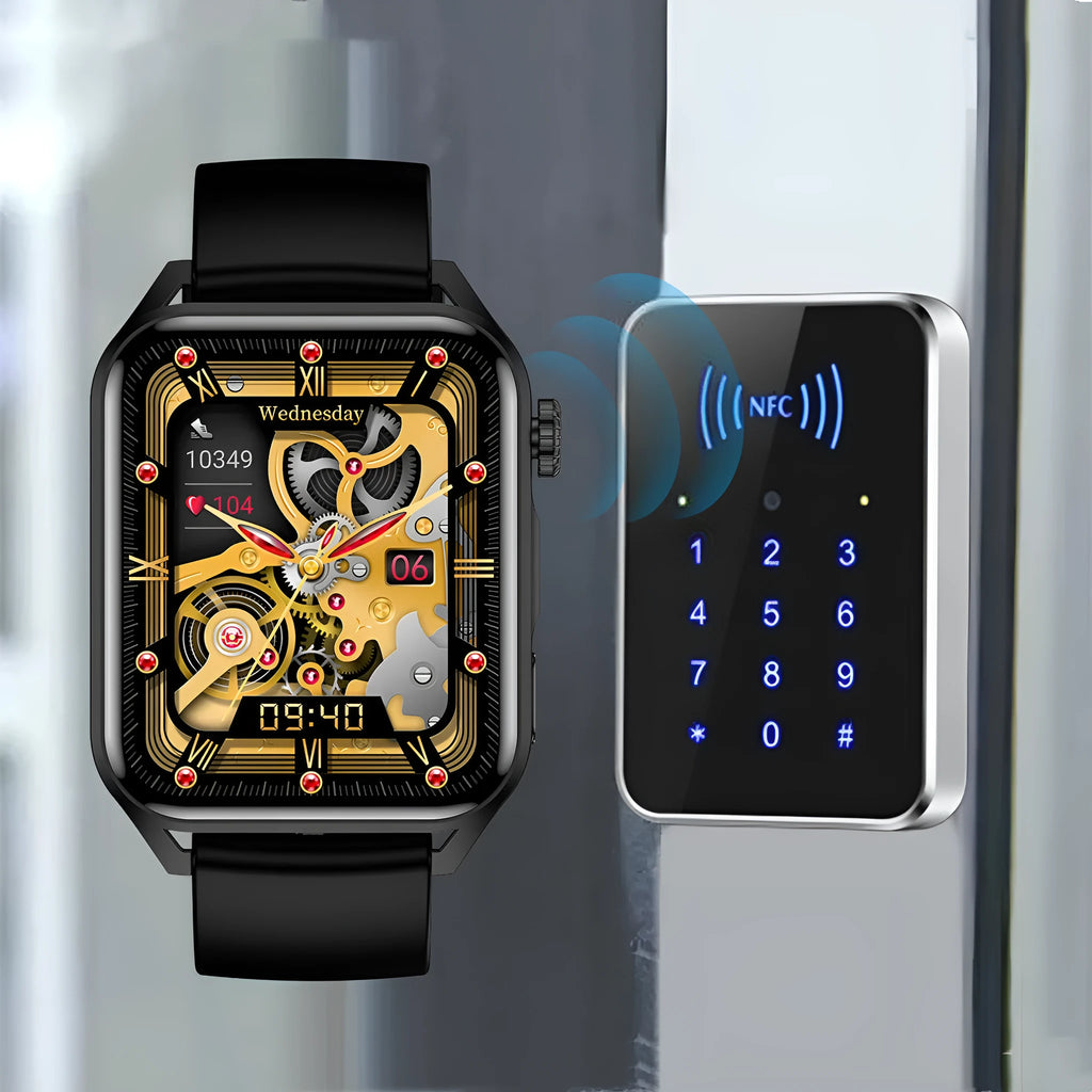 Smart watch with 1.8-inch HD AMOLED screen showing multi-dial display on silicone wrist strap