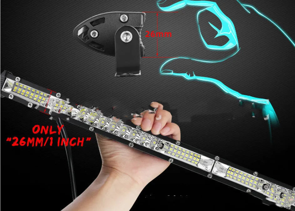 Ultra-thin single row LED light bar for vehicle front bumper or roof.