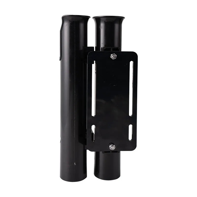 Black carbon fibre plastic fishing rod rack mounted on bicycle handlebars with adjustable straps
