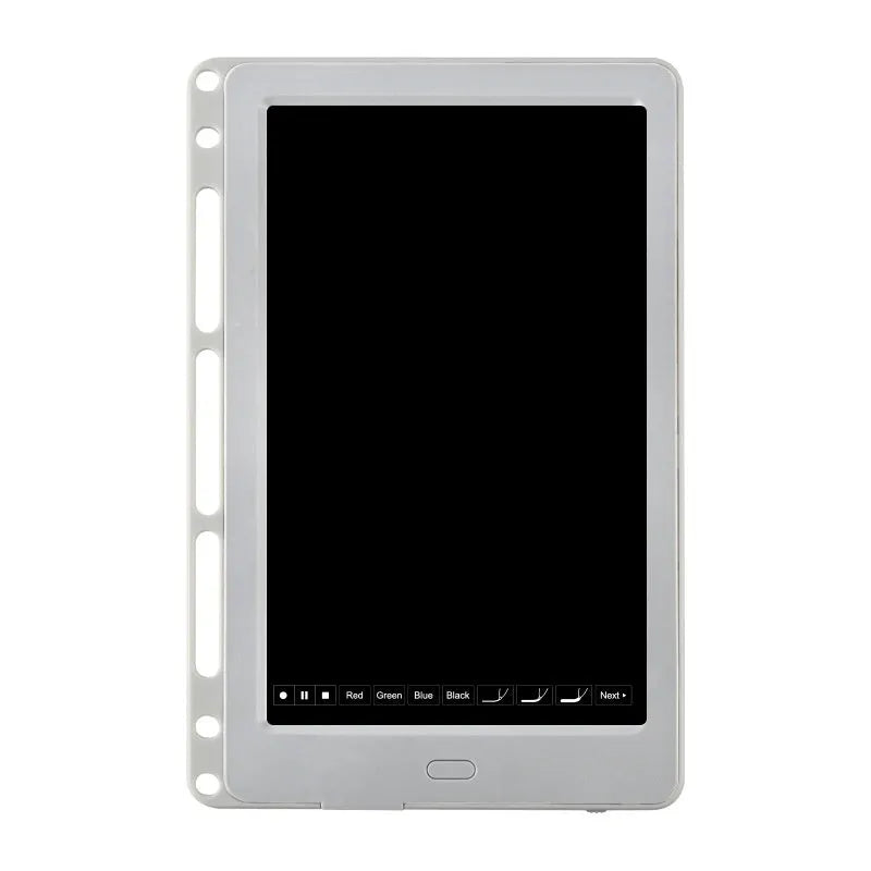 85-inch electronic writing pad with smart pen, shown in black, dark blue, or sky blue with stitching detail.