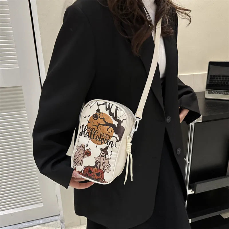 Halloween graffiti print crossbody bag with pumpkin ghost bat cartoons in medium size