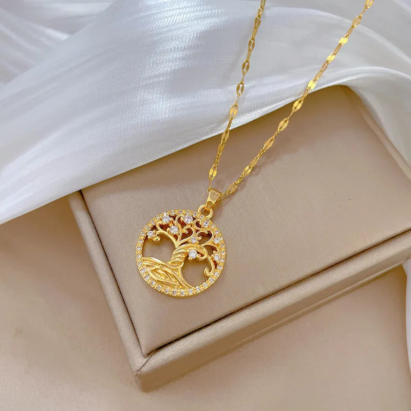 Gold lucky tree pendant necklace with mother-of-pearl and rhinestone zircon on adjustable 41-50cm chain