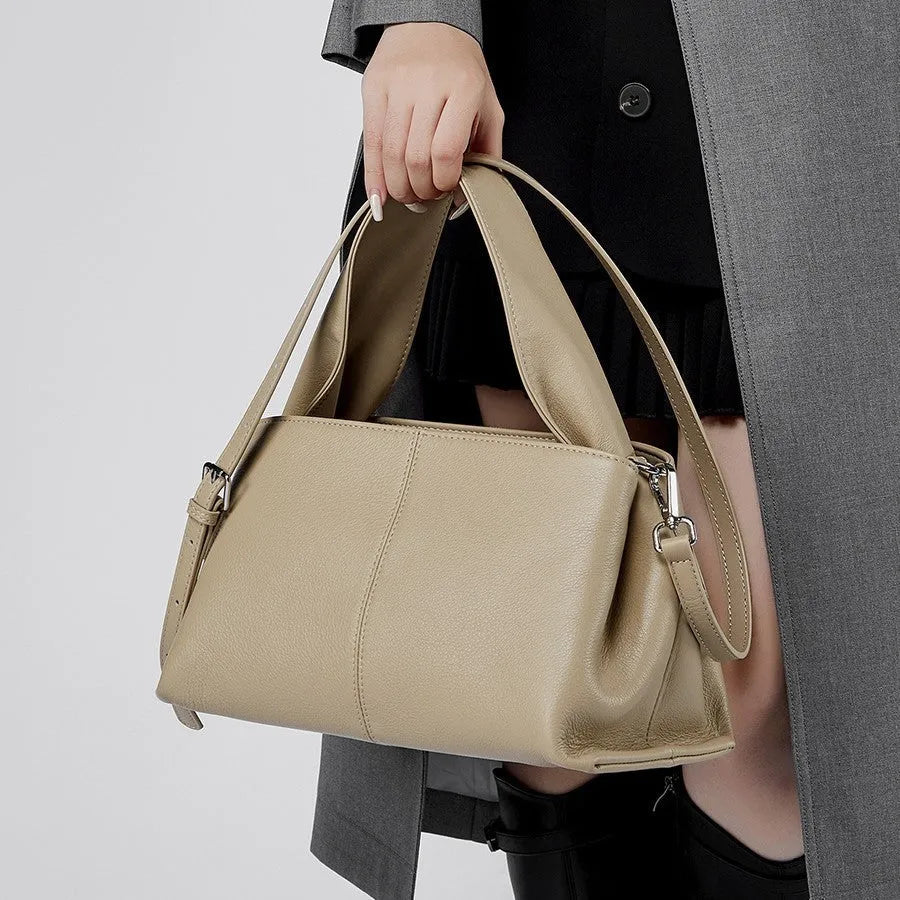 Women's apricot cowhide leather messenger bag with horizontal square shape and double shoulder straps