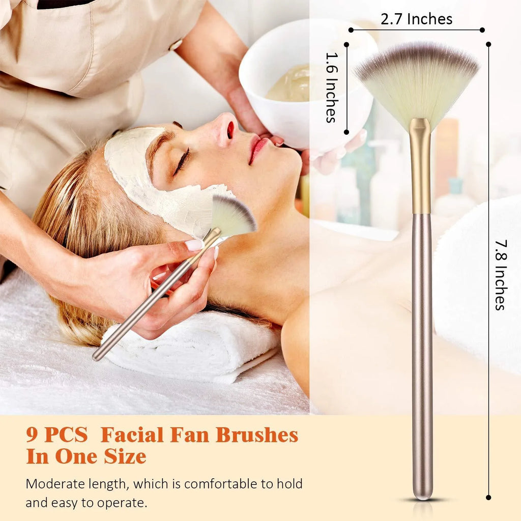 10 professional facial fan brushes with champagne finish and protective covers