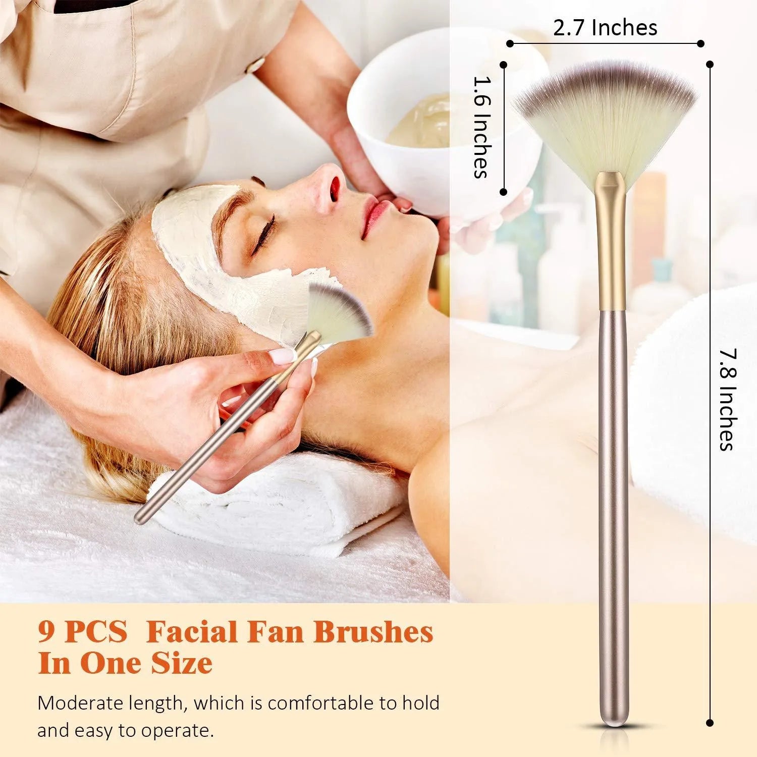 10 professional facial fan brushes with champagne finish and protective covers