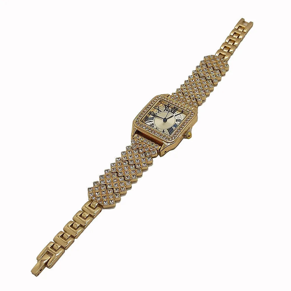 Square full diamond women's quartz watch with alloy band and stainless steel buckle in rose gold finish