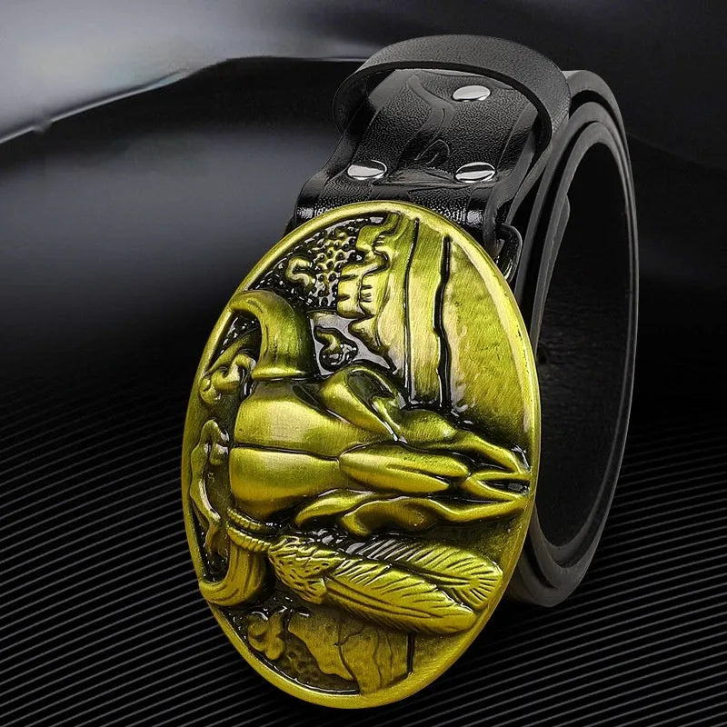 Men's brown imitation leather belt with decorative alloy cow head buckle and pin fastening