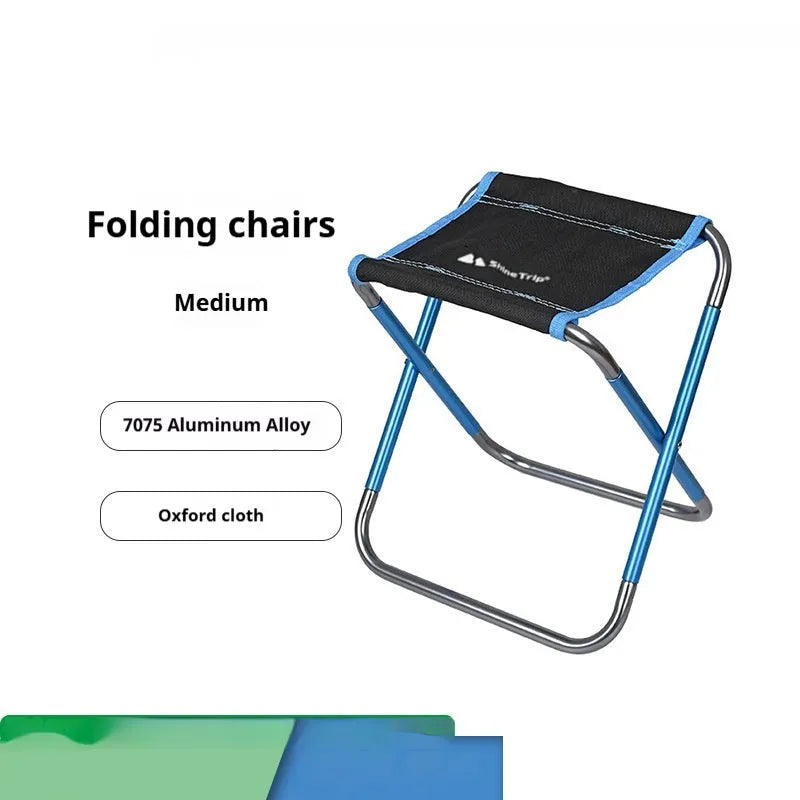 Black folding stool with ethnic pattern, made from 7075 aluminium alloy, shown in folded and unfolded states.