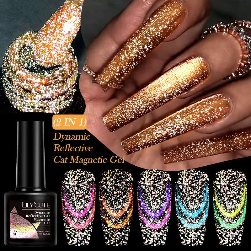 Six bottles of cat eye series nail polish gel with diamond glitter fragments in different colour styles
