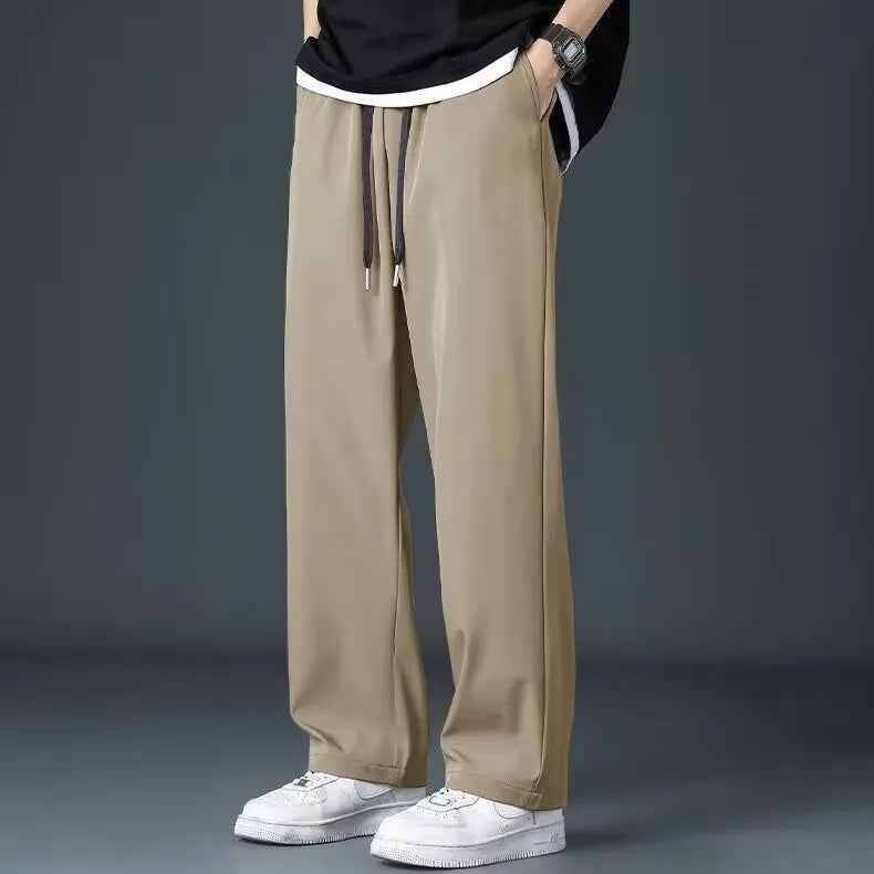 Men's ice silk summer thin high street drooping straight wide leg pants in khaki colour showing full-length relaxed fit