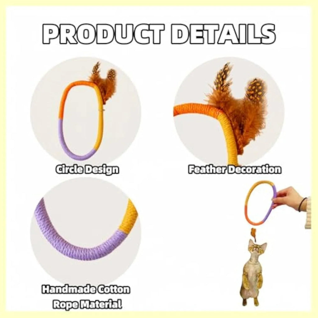 Green and purple cotton rope circular cat toys with feathers and catnip for indoor feline play