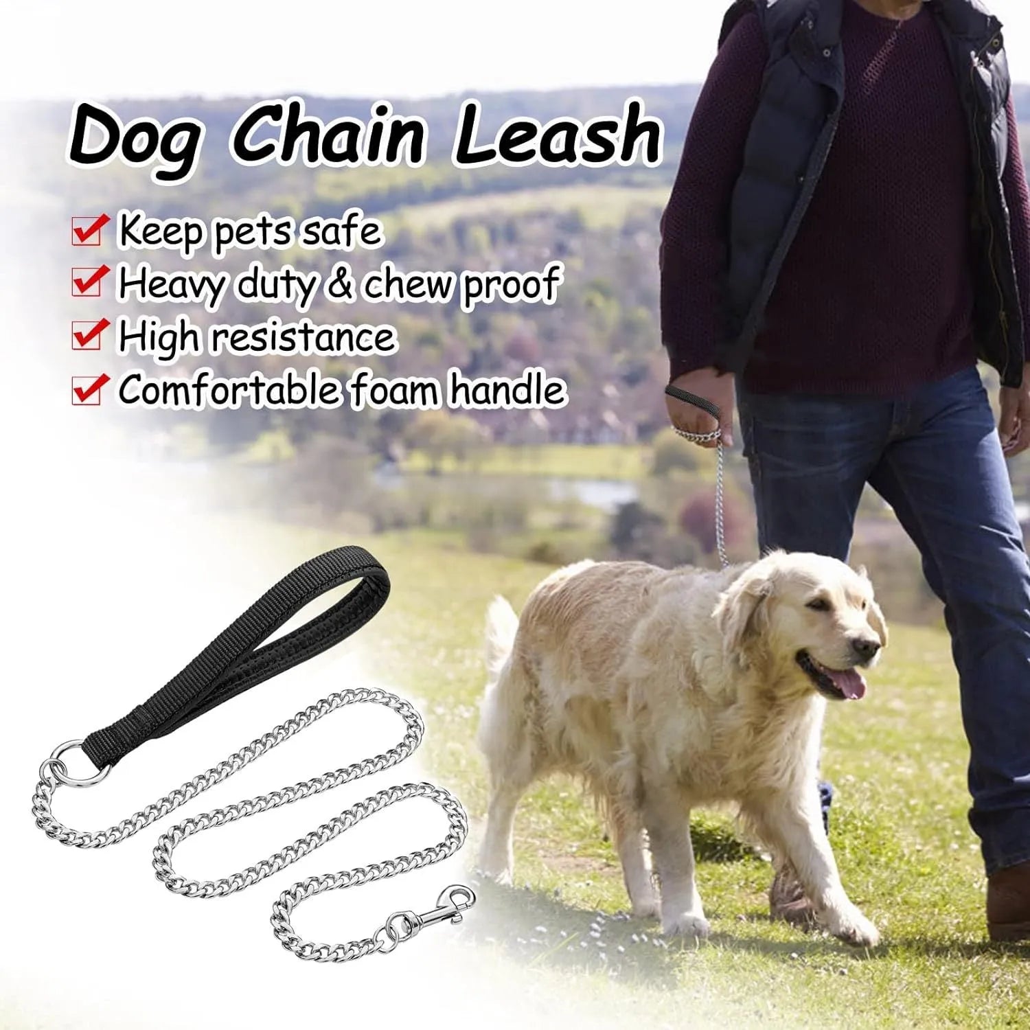 Heavy duty metal dog chain leash with a soft black padded handle, shown in red colour.