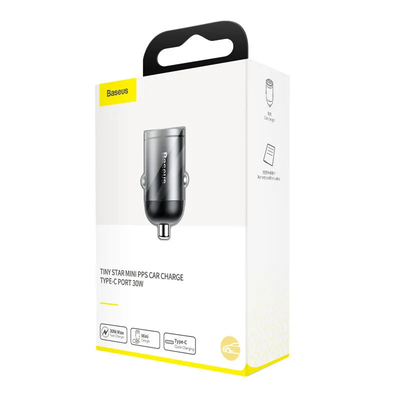Baseus Electro-optical Grey single USB 30W PPS car charger with 1 metre cable.