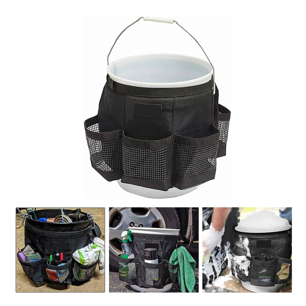 Black cylindrical polyester hanging storage bag designed to fit a 5 gallon barrel.