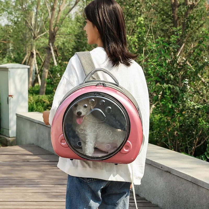Transparent space capsule cat carrier backpack in PC canvas with metallic hard shell cover.