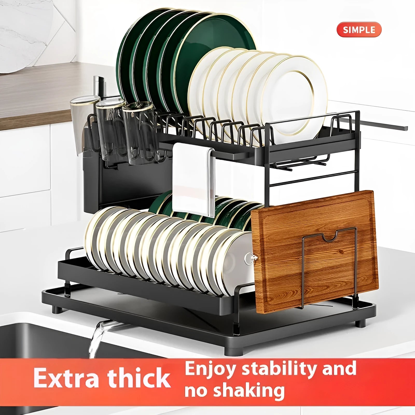 White double-layer kitchen draining rack with removable storage compartments above sink