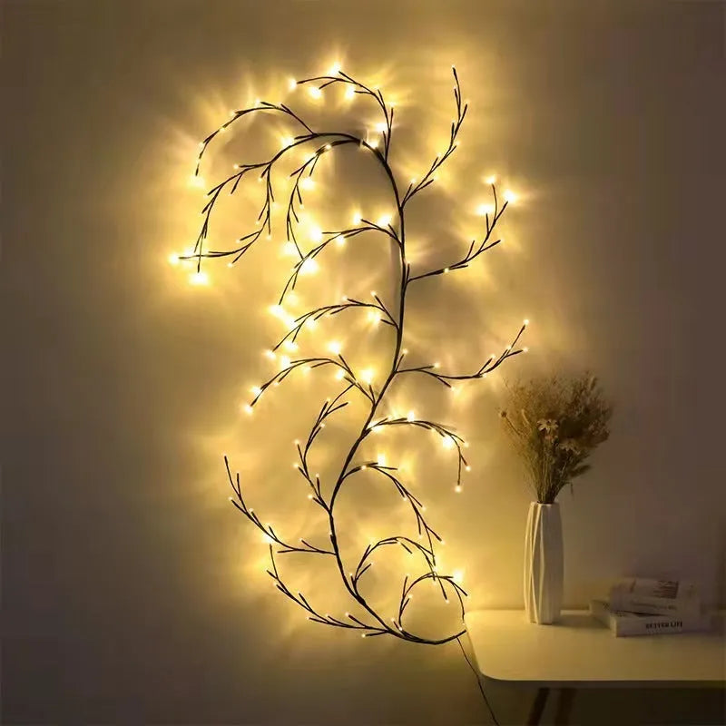 Flexible artificial willow vine LED garland with warm white lights on birch bark texture branches