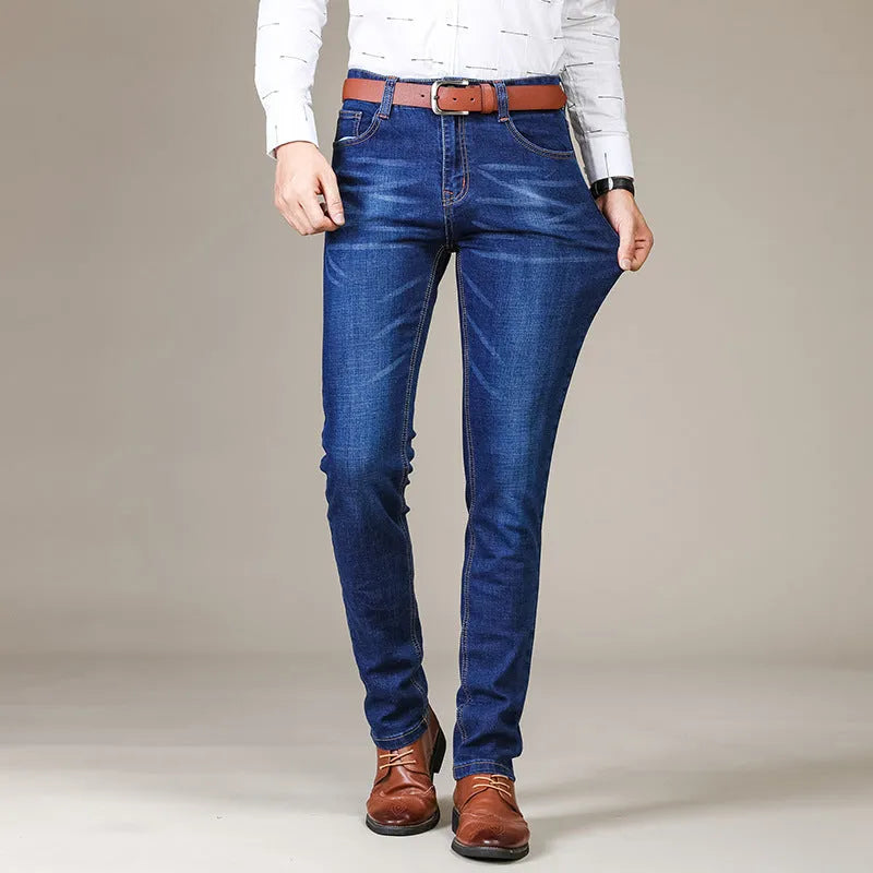 Men's slim fit elastic straight jeans in black cotton denim, full length view
