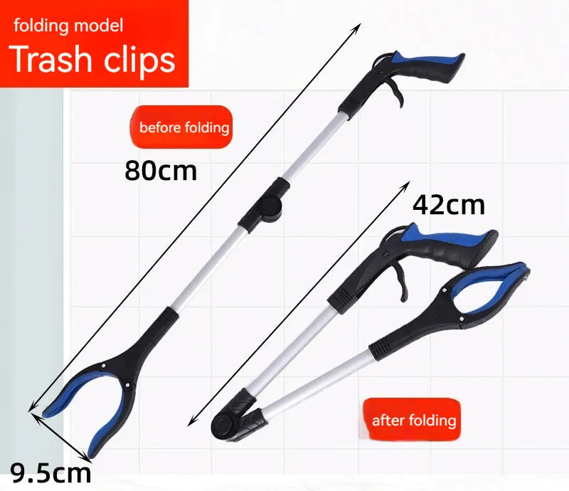 Foldable aluminium garbage clamp showing extended and folded positions with magnet sucker attachment