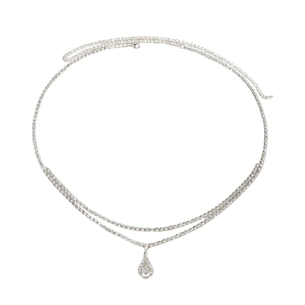 Gold or silver waist chain with a water drop rhinestone pendant and lobster buckle.