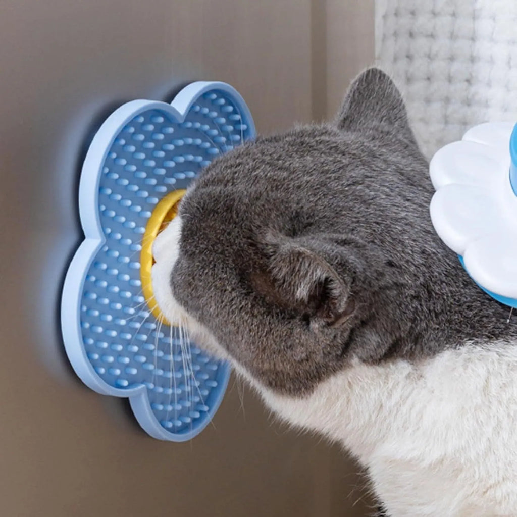 Flower-shaped silicone pet lick mat with suction cups in blue, grey, pink, purple, or red