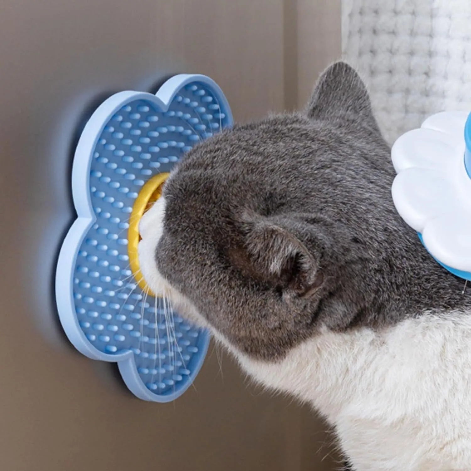 Flower-shaped silicone pet lick mat with suction cups in blue, grey, pink, purple, or red