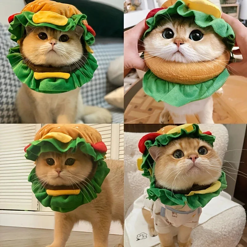 Cat wearing adjustable burger headdress collar in soft fabric for costume parties and photography