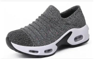 Women's stretch knitted sock shoes in light grey with fly-knit mesh upper and low heel