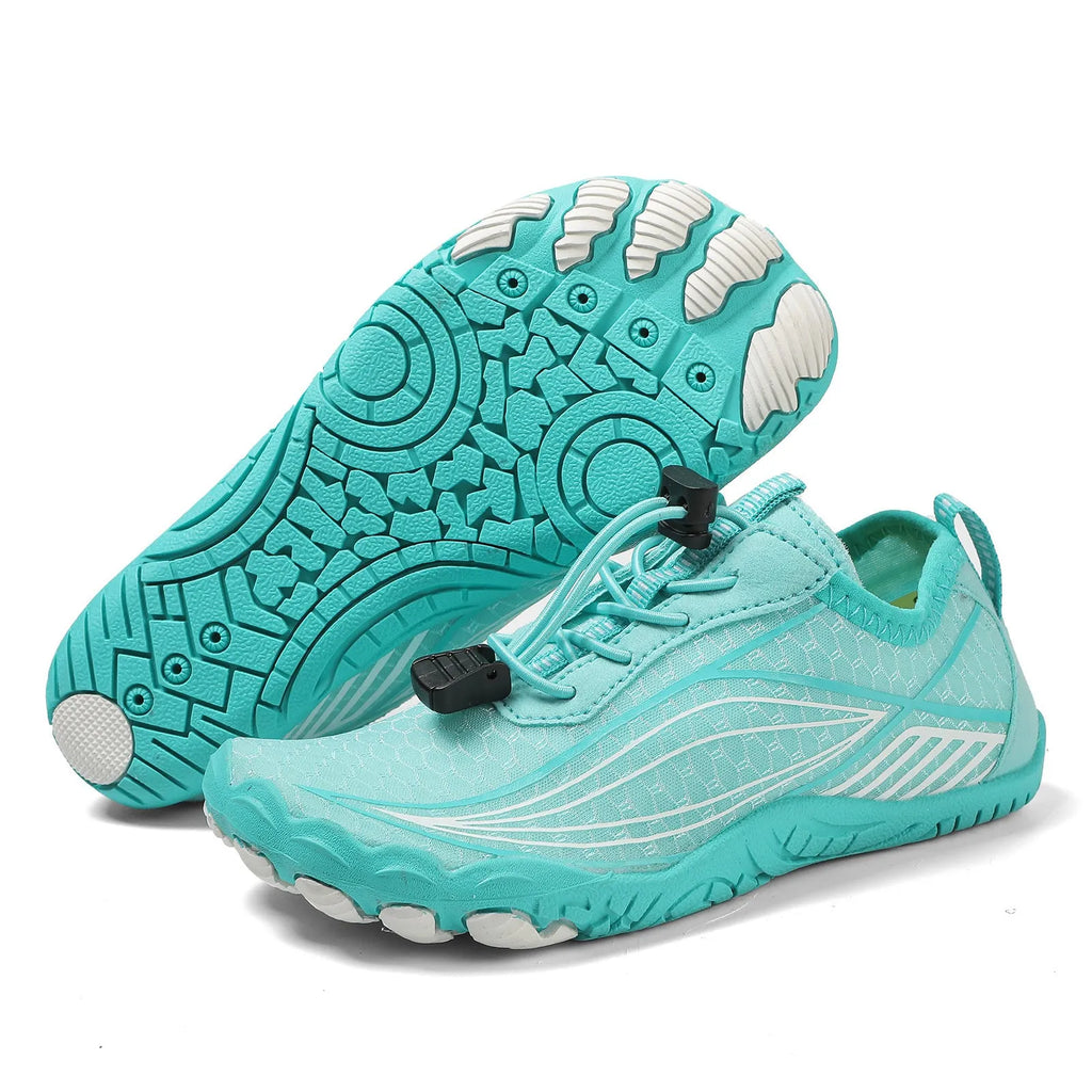 Children's black quick-drying wading shoes with non-slip rubber sole and elastic band.