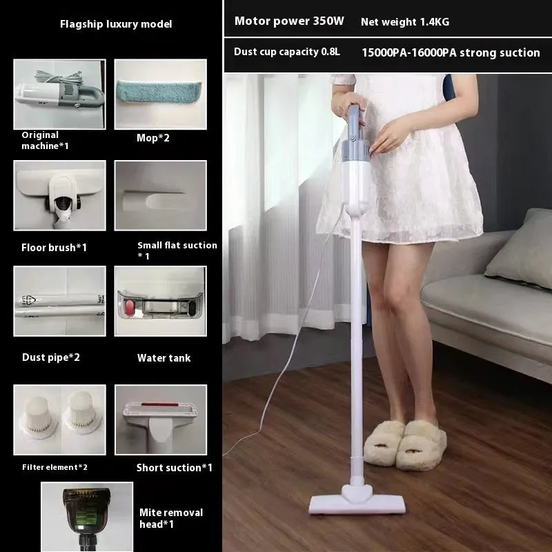 White flagship wired vacuum cleaner with suction mop integrated and anti-mite head on hard floor