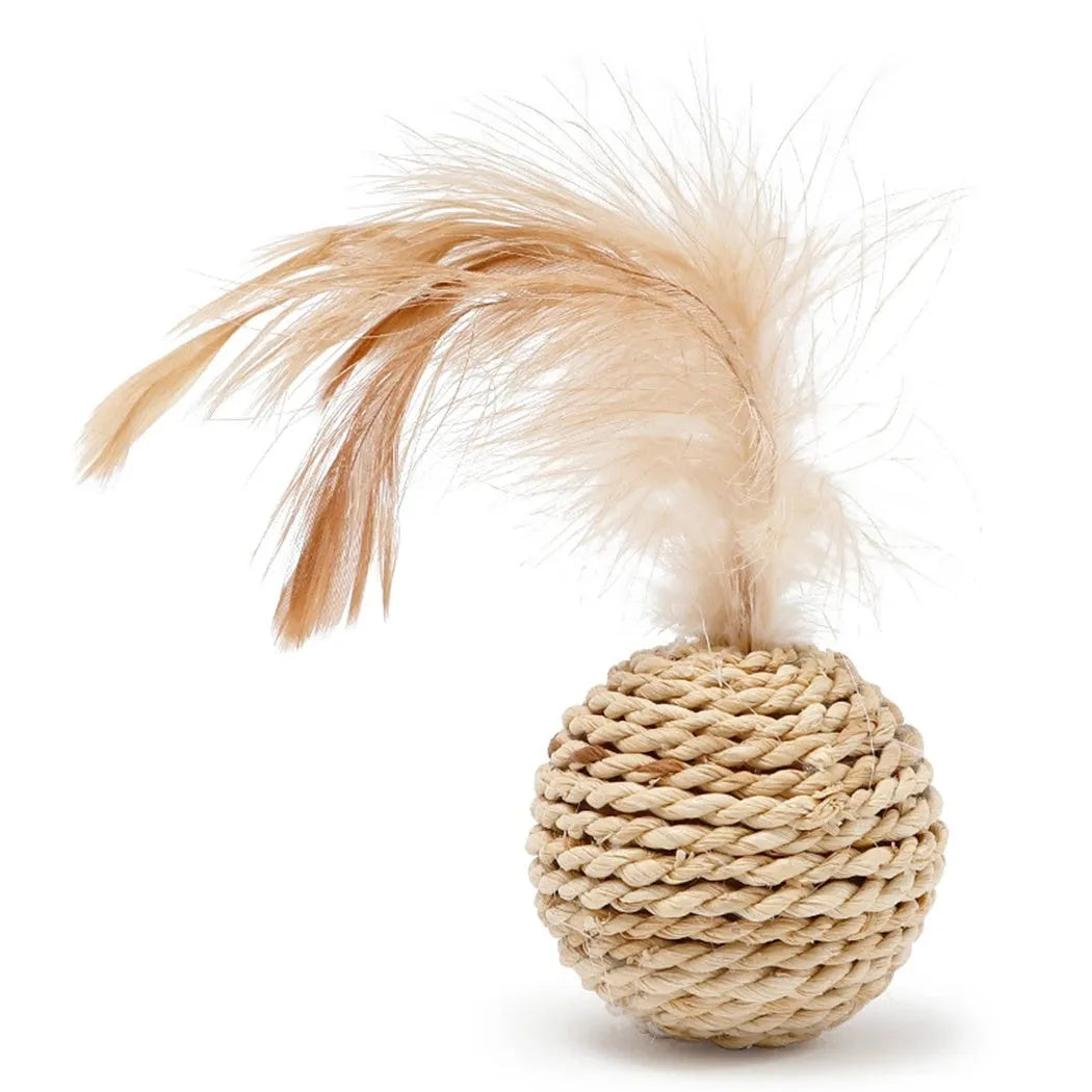 Two cat ball toys: rattan ball with bell and faux feather ball with coloured feathers for interactive play