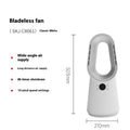 White SK bladeless floor tower fan with remote control on wooden floor.