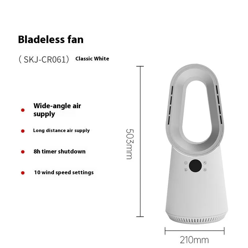 White SK bladeless floor tower fan with remote control on wooden floor.