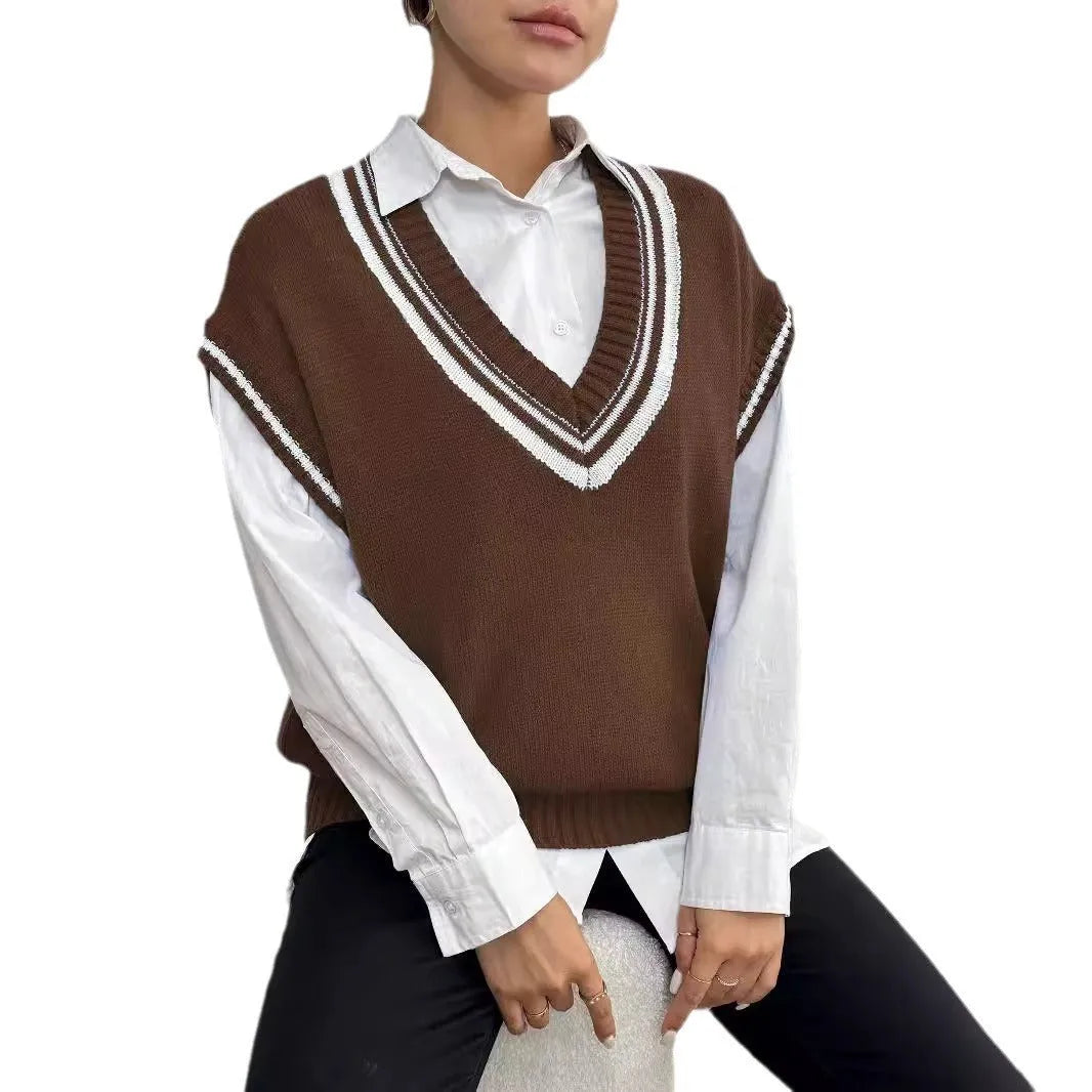 Women's loose fit pullover vest sweater in a college style, shown in blue.