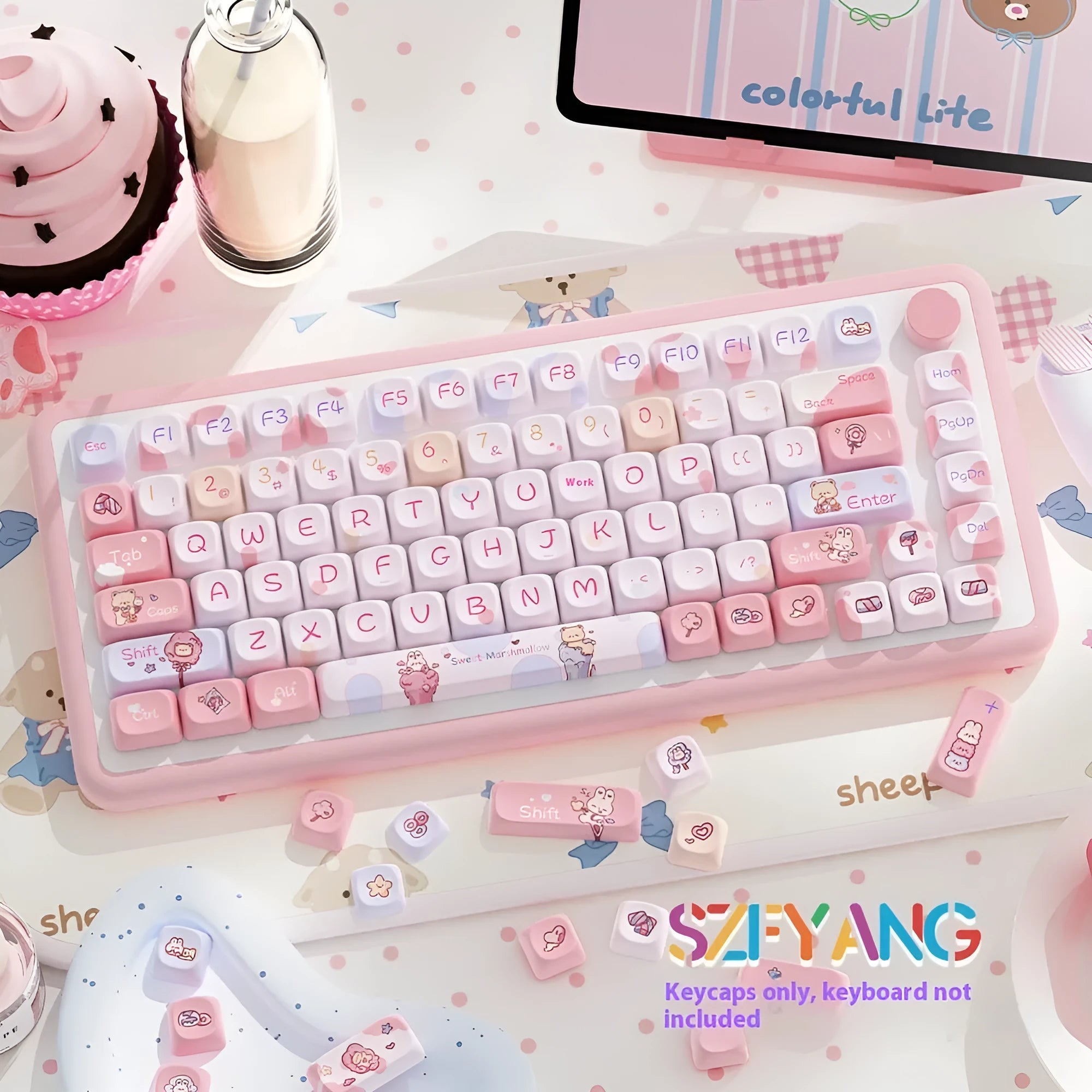 Sweet Cotton Candy coloured mechanical keyboard keycap set in a box, showing 112 or 120 key options.