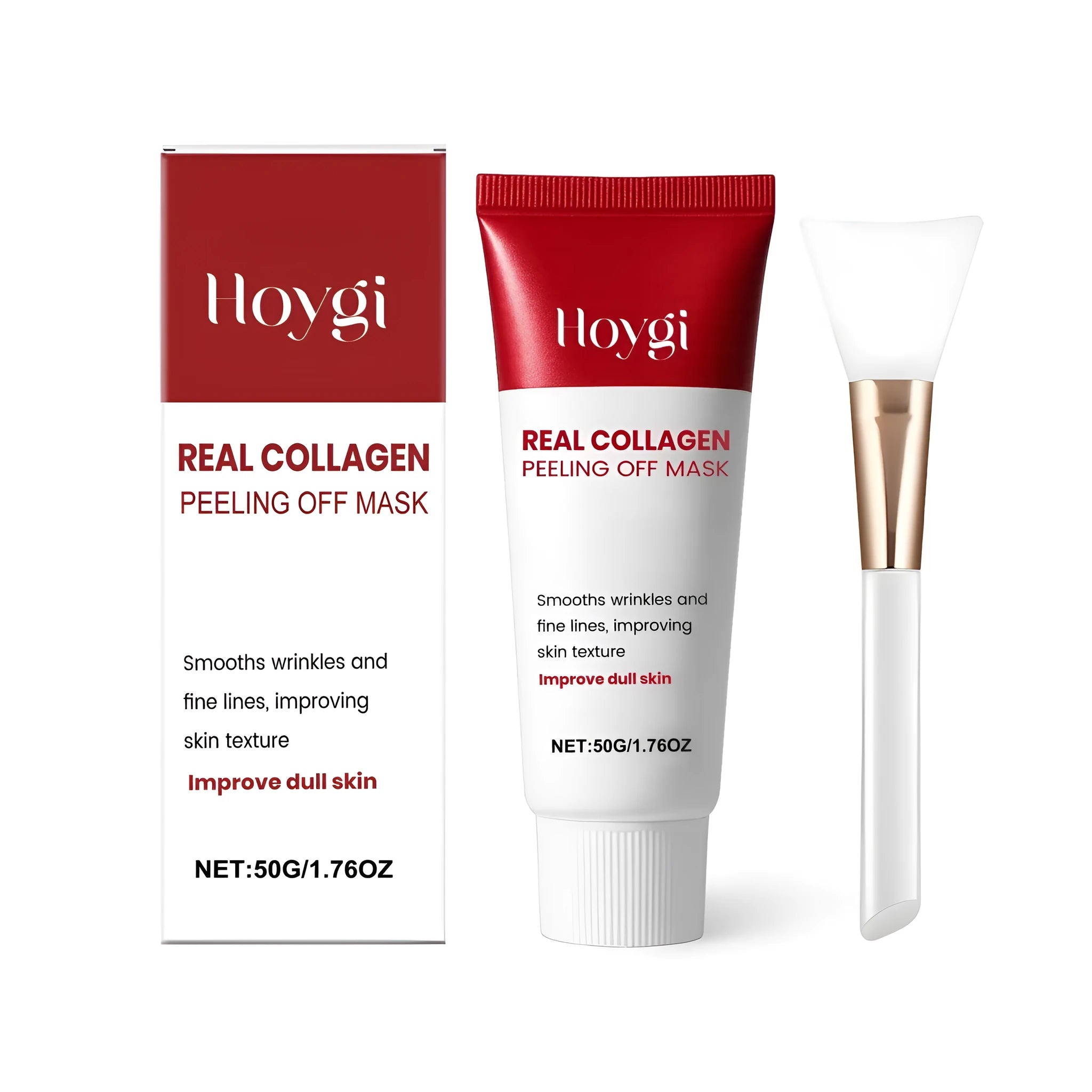 Collagen peel-off mask jar and applicator brush on a white background.