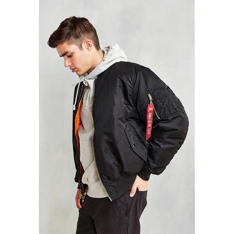 Men's reversible pilot-style cotton padded jacket in Army Green, showing loose fit and double-sided design