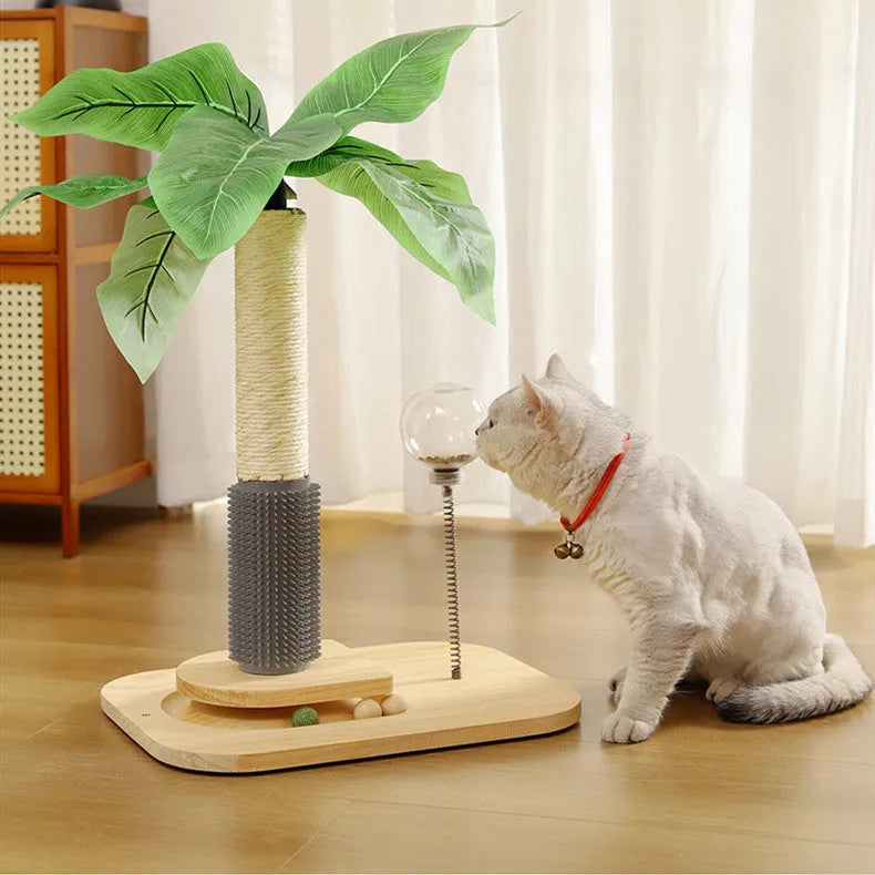 Vertical wooden cat scratching post with canna colour finish and food drop ball attachment