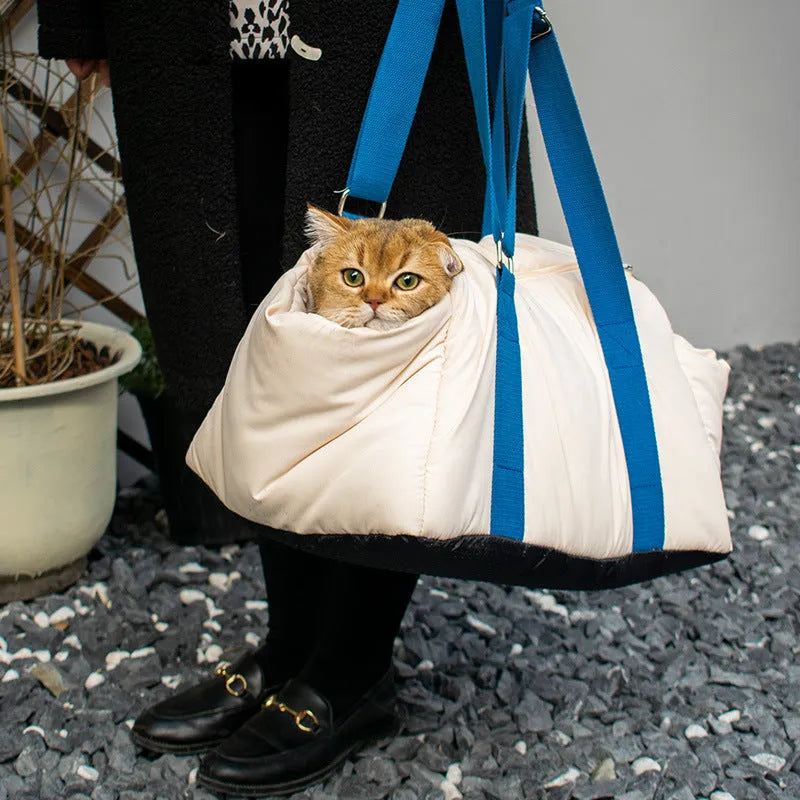 White portable cat bag made from peach skin velvet with cotton belt, size 45x35x26.5 cm, for cats up to 12 kg