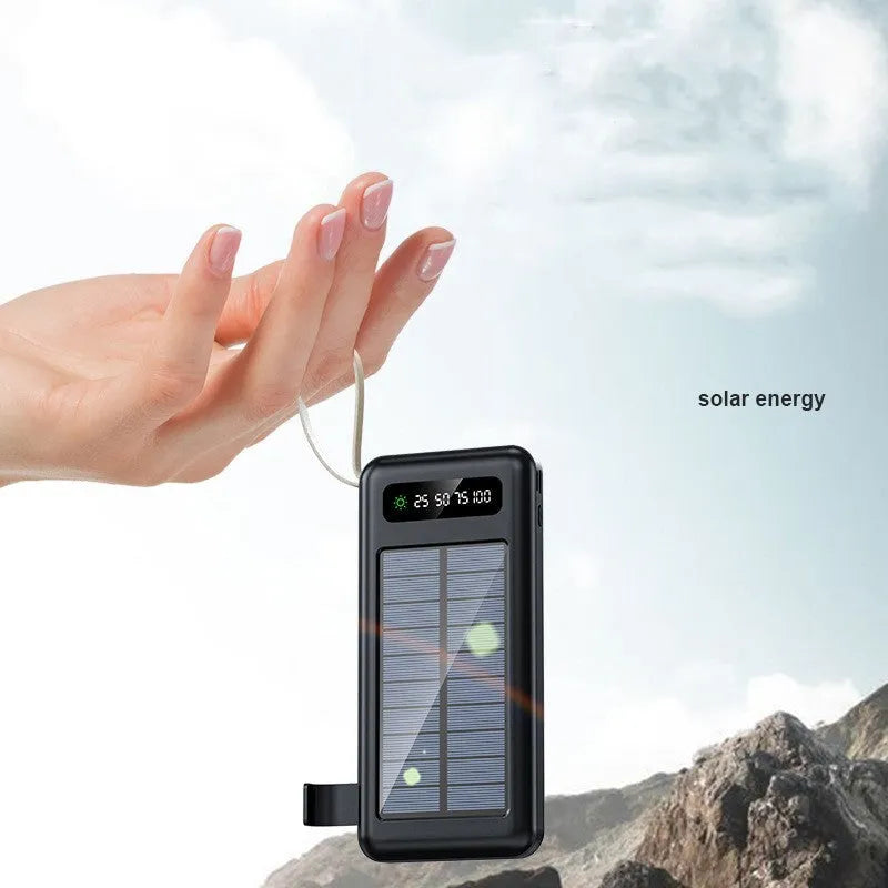 Solar power bank in black or white with 20000mA or 30000mA capacity measuring 144mm by 68mm