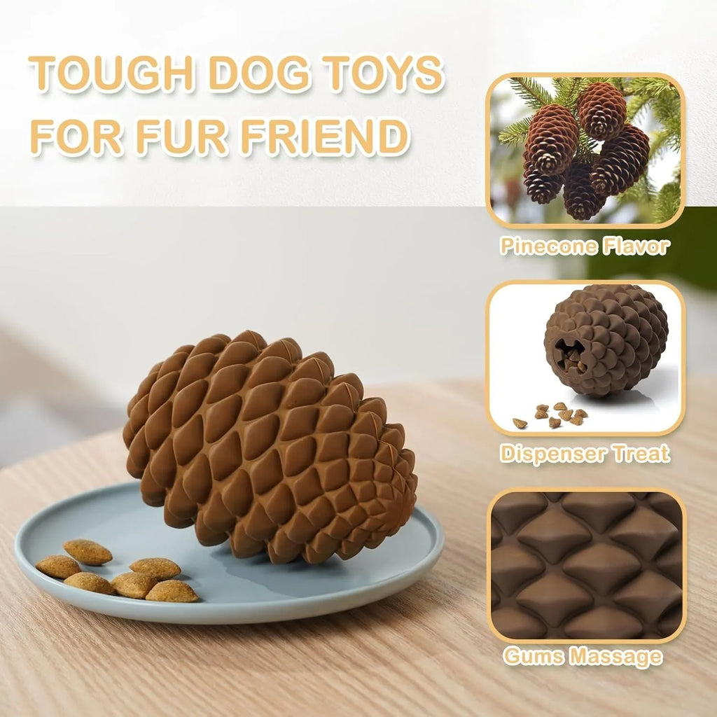 Yellow natural rubber pine cone dog chew toy with treat dispenser hole on a white background.