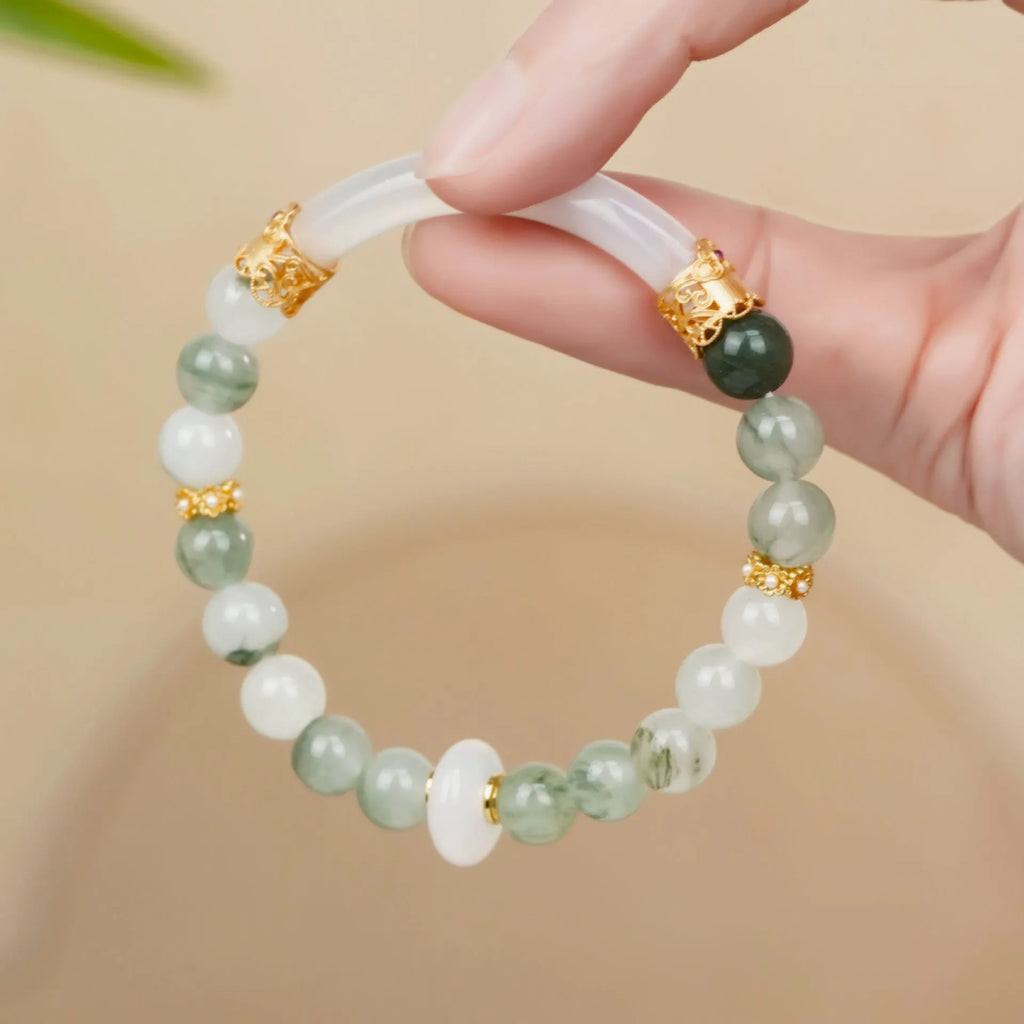 Emerald green Tian Shan Cui jade half bracelet with floating flower girl design for women