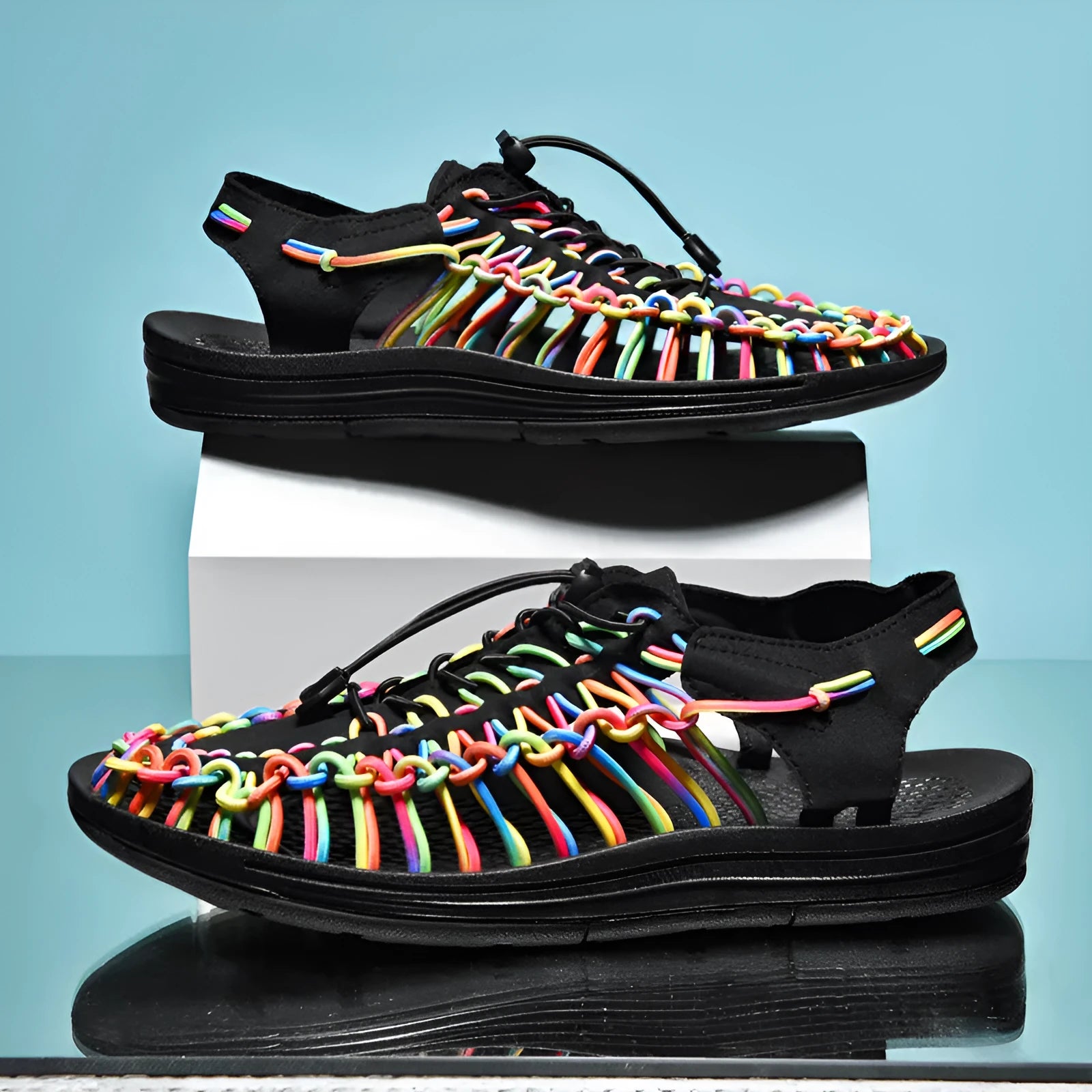 Woven Roman sandals with elastic drawstring tie in rainbow colour with rubber sole