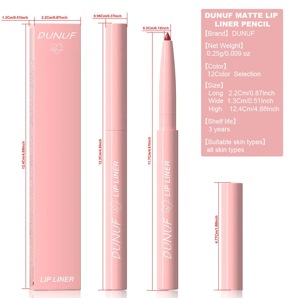 Velvet matte lip liner pencil in 12 different colour shades for easy, precise application.