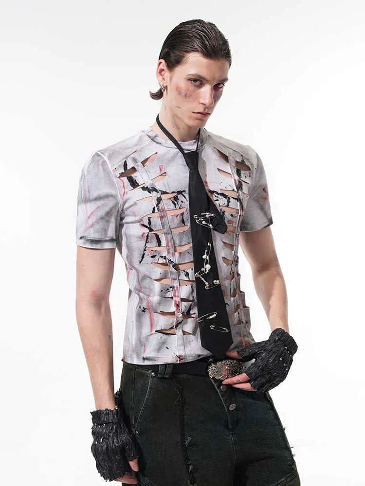 White men's cotton t-shirt with hollow-out cut detailing and short sleeves