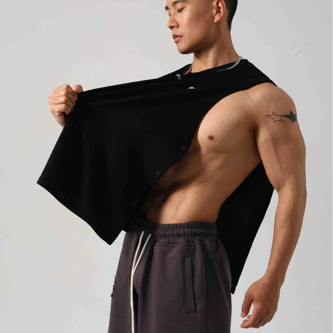 Korean style men's loose cotton fitness vest with hidden hook fastening on the sides