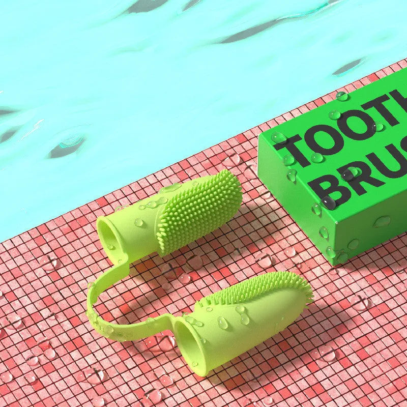 Double finger toothbrush set for pets with TPR finger sleeves in pink, blue green and yellow