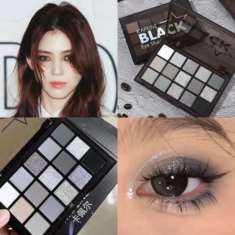 15-colour eye shadow palette showing matte and shimmer finishes in earthy tones