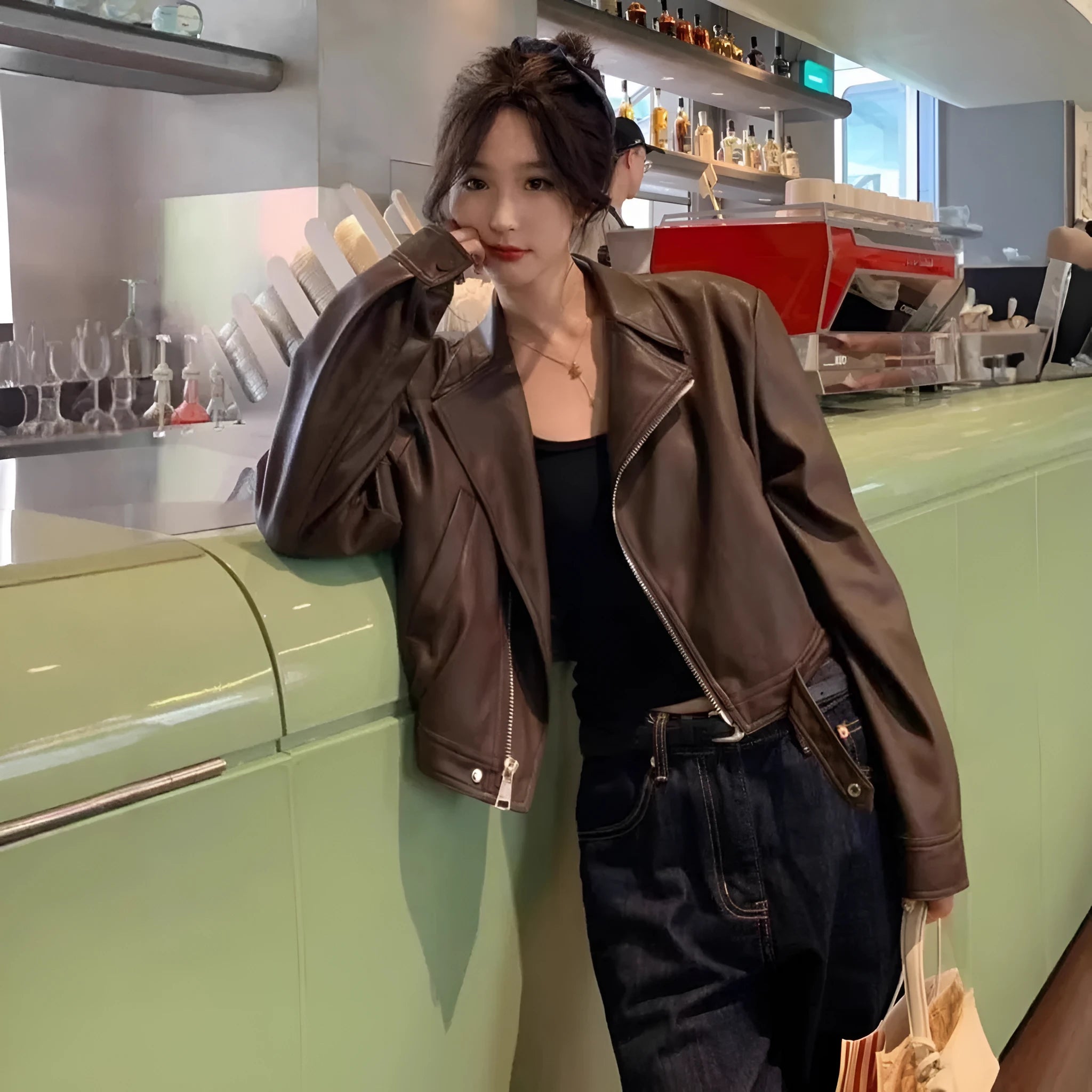 Women's brown imitation leather coat jacket with slim fit and 40cm length